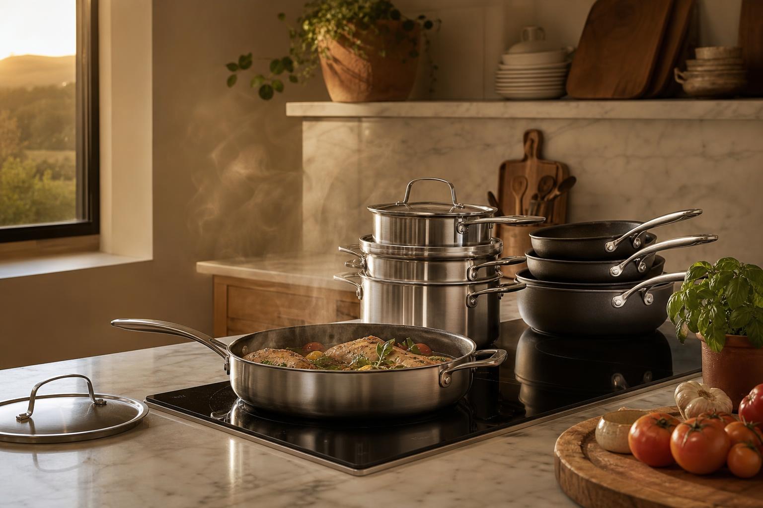 Snowcald hybrid cookware arranged in a bright modern farmhouse kitchen with fresh ingredients and natural light