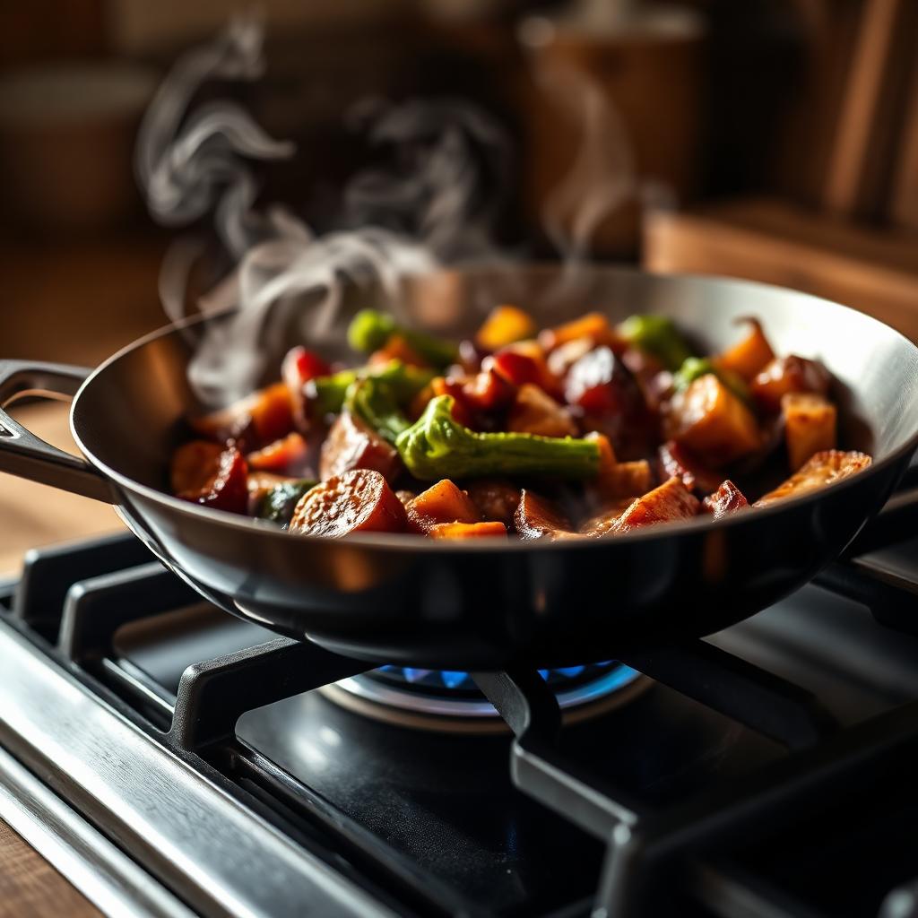 Vegetables searing in a Snowcald hybrid frying pan over a gas flame with steam rising