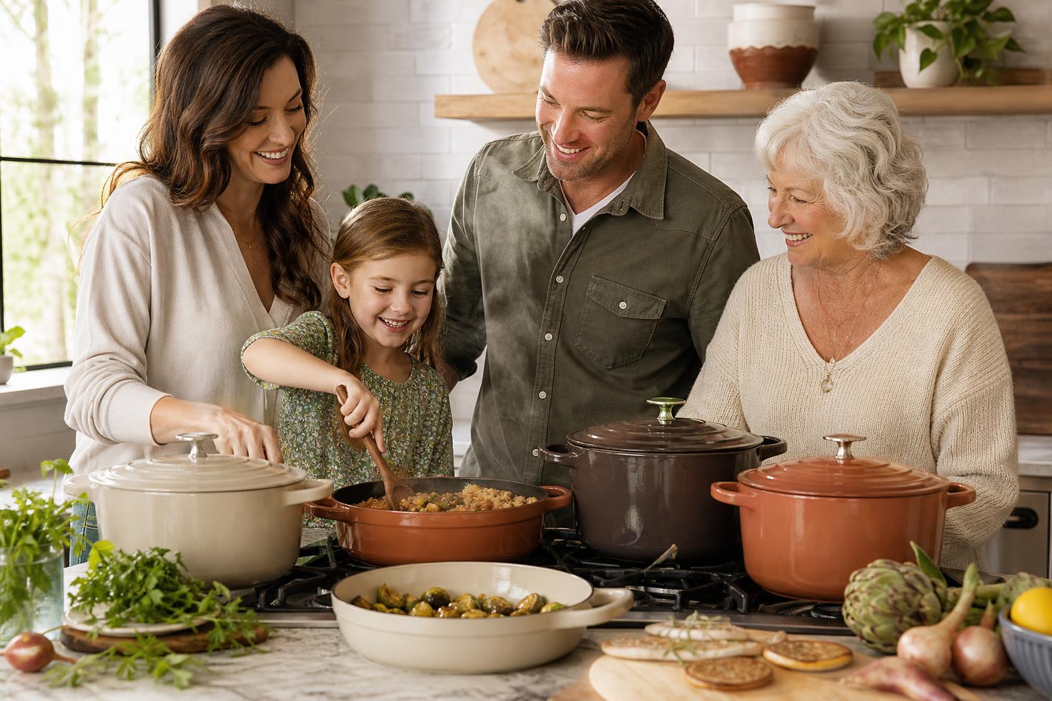 A multigenerational family cooking together in a bright modern kitchen with Snowcald cookware on the stovetop